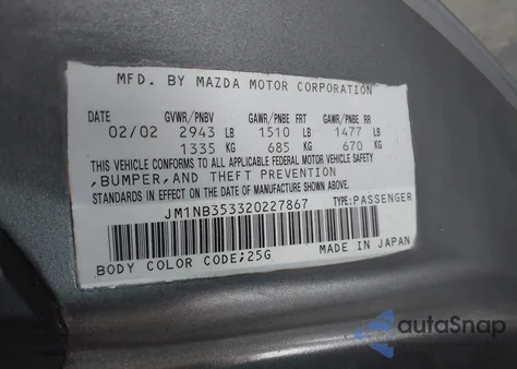 2002 Mazda Mx-5 Miata Cloth/Ls/Se z USA, uszkodzony, nr VIN JM1NB353320227867